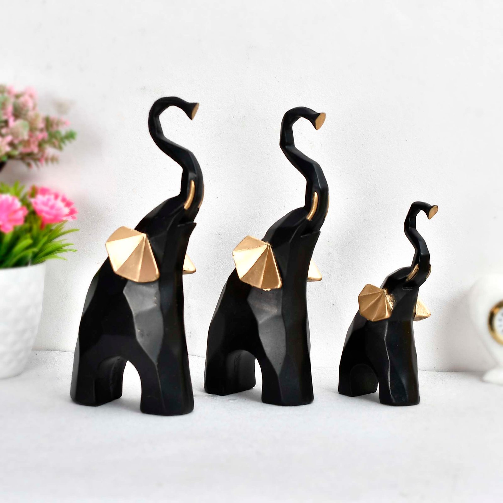 Golden Elephant Set of 3 Black & Gold Statue - Image 3