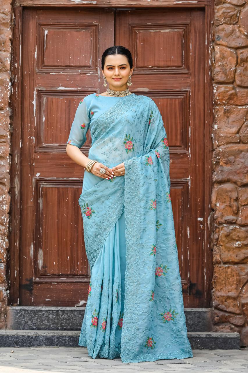 Women's Elegant Sage Green Georgette Saree with Delicate Floral Embroidery & Sequin Work – Perfect for Summer Festivities & Day Events - Image 20