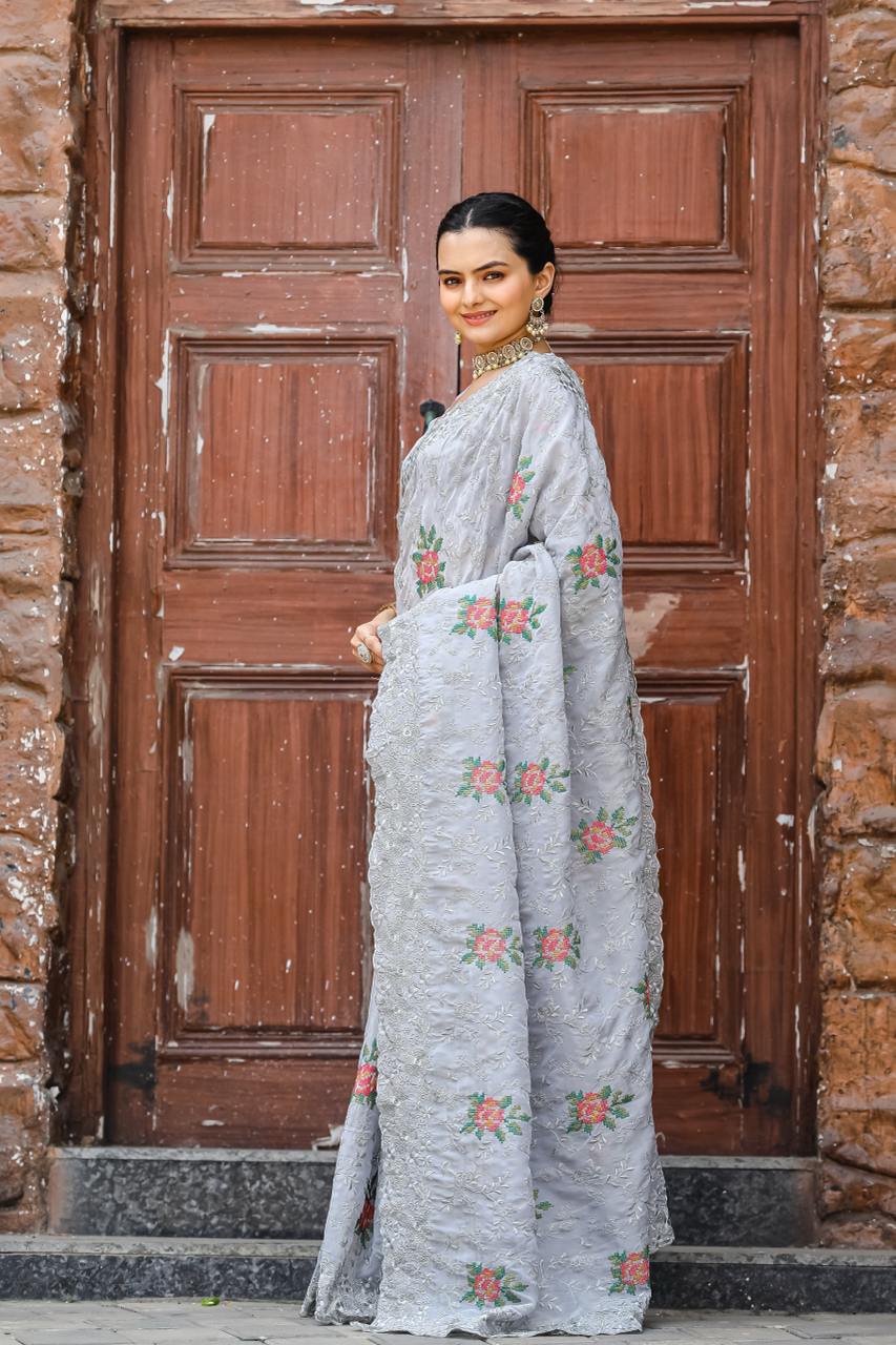 Women's Elegant Sage Green Georgette Saree with Delicate Floral Embroidery & Sequin Work – Perfect for Summer Festivities & Day Events - Image 17