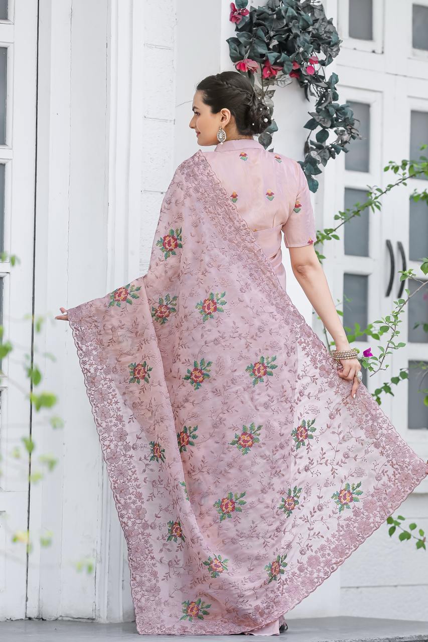 Women's Elegant Sage Green Georgette Saree with Delicate Floral Embroidery & Sequin Work – Perfect for Summer Festivities & Day Events - Image 13