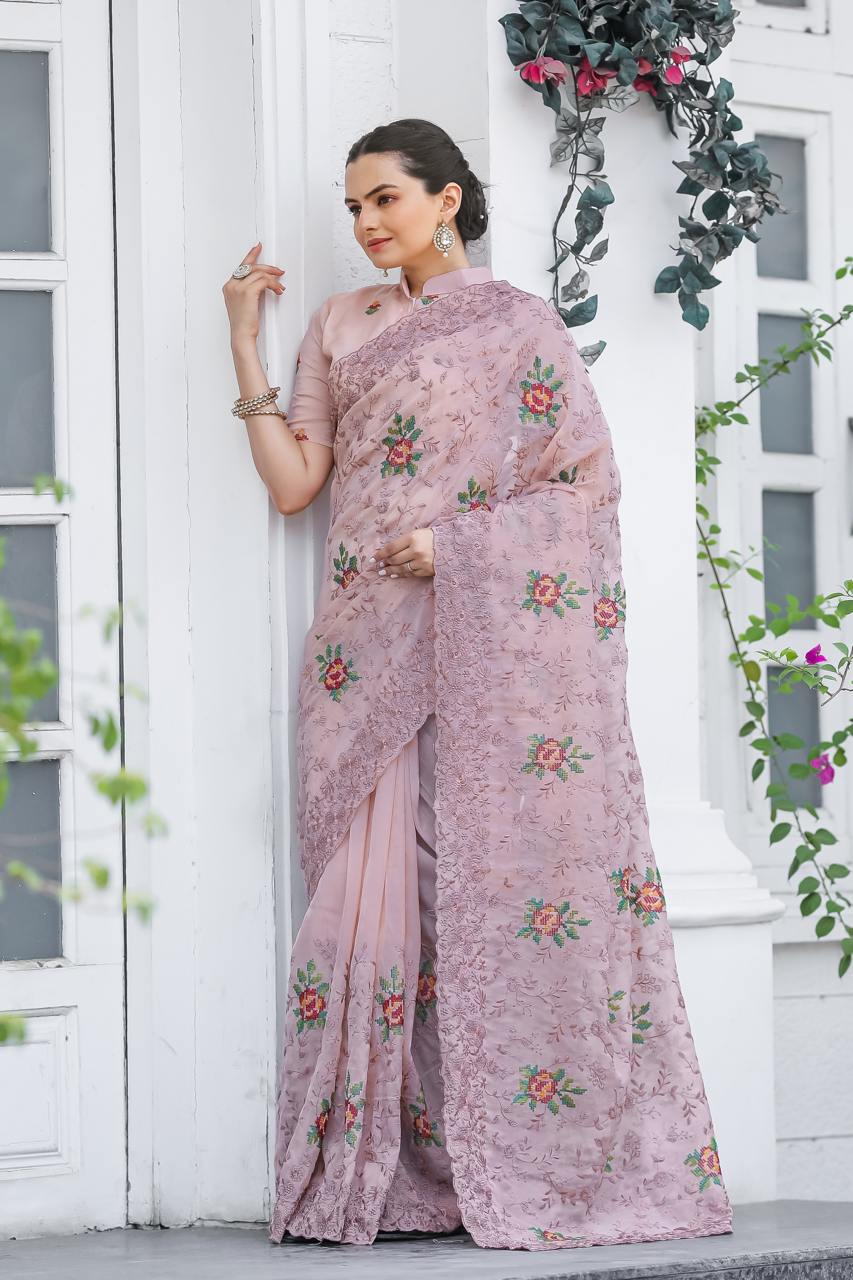 Women's Elegant Sage Green Georgette Saree with Delicate Floral Embroidery & Sequin Work – Perfect for Summer Festivities & Day Events - Image 11